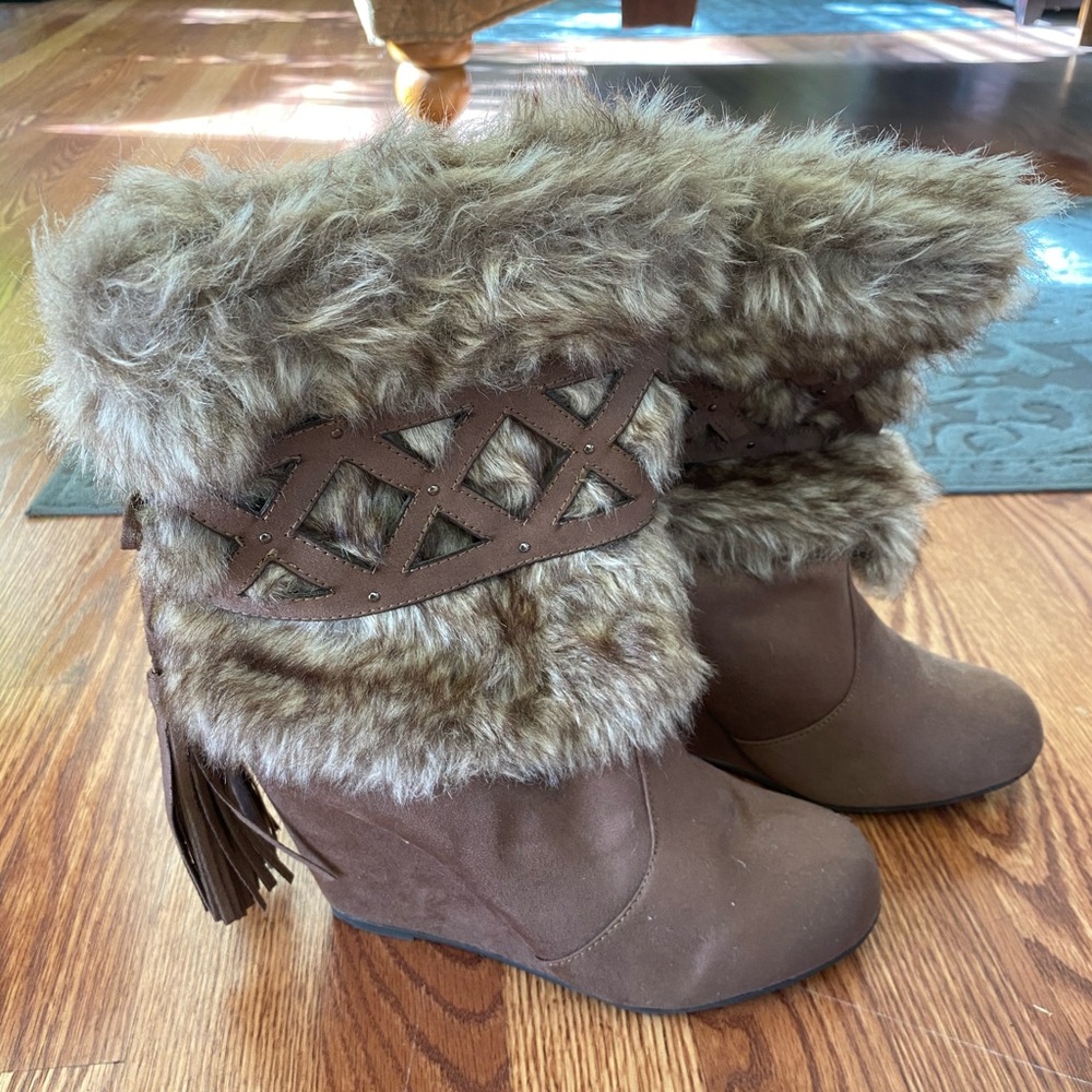 Not Rated Beige & Brown Faux Fur Wedge Booties